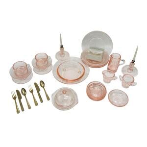 VTG Mosser Jennifer Pink Glass Doll Tea Set 32pc Miniature Toy Play Candlestick